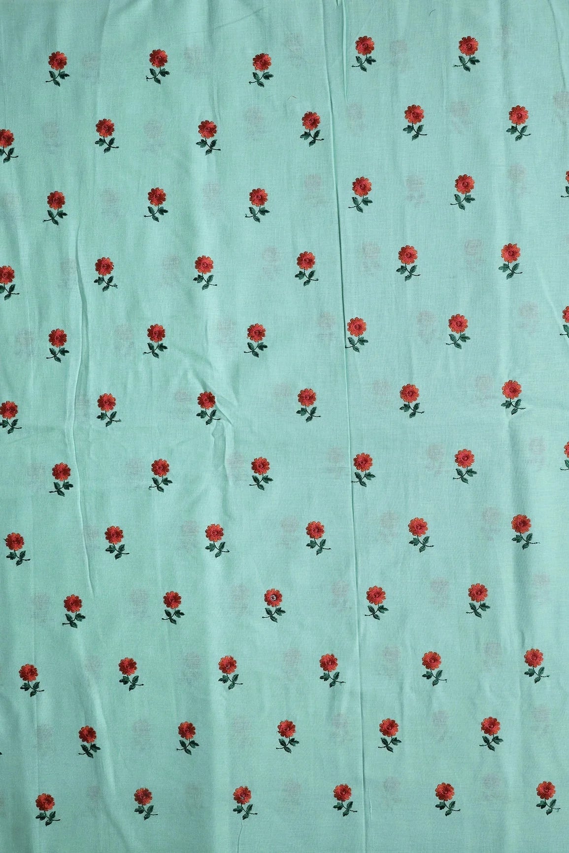 AIzaSyBcstauz-XMPRhEY21AUzeo032pxrXB5Ug - Beautiful Dark Orange And Green Floral Embroidery Work On Sea Green Pure Cotton Fabric
