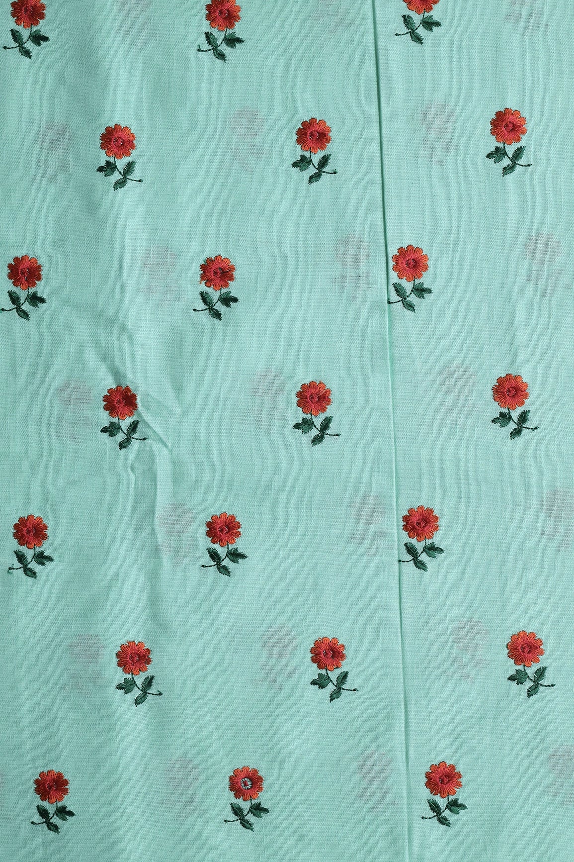 AIzaSyBcstauz-XMPRhEY21AUzeo032pxrXB5Ug - Beautiful Dark Orange And Green Floral Embroidery Work On Sea Green Pure Cotton Fabric