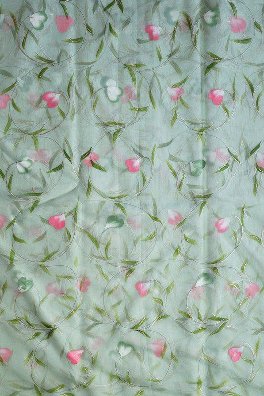 AIzaSyBcstauz-XMPRhEY21AUzeo032pxrXB5Ug - Beautiful Floral Hand Painted With Foil Work On Olive Organza Fabric