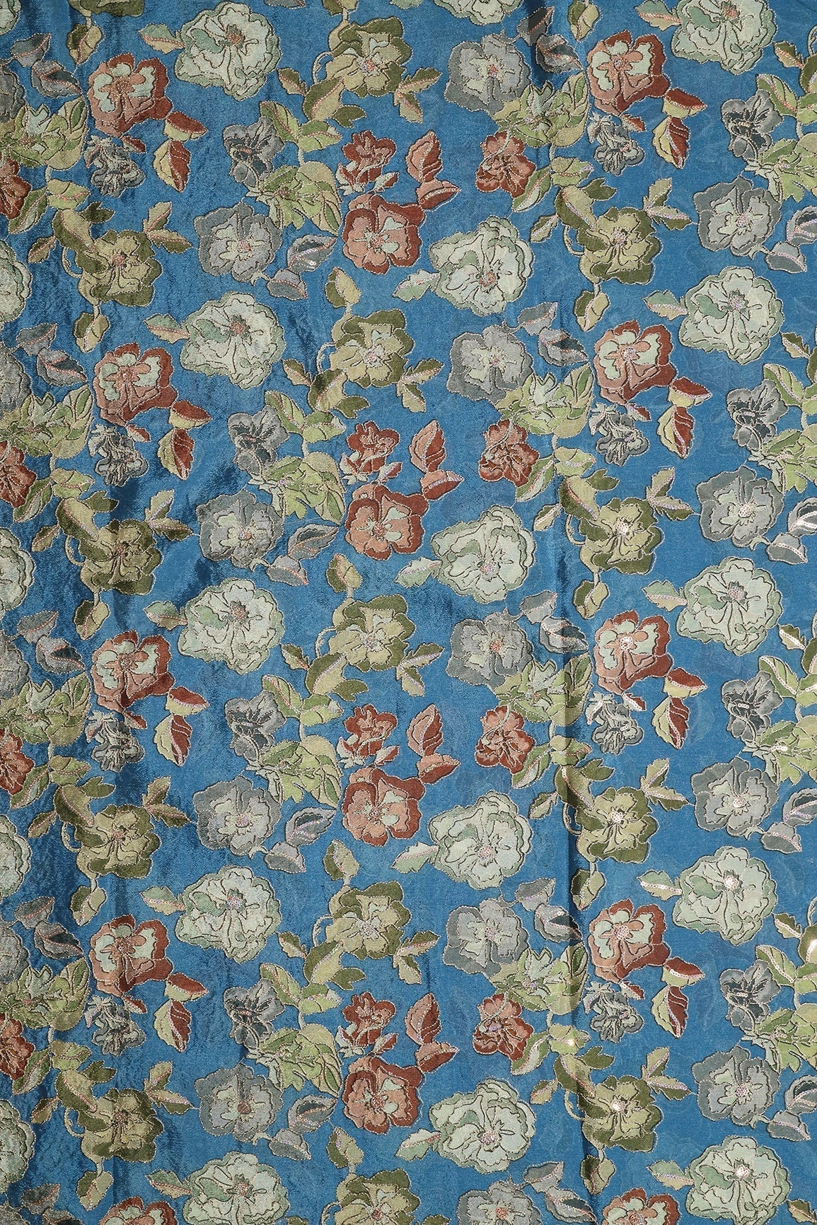 AIzaSyBcstauz-XMPRhEY21AUzeo032pxrXB5Ug - Beautiful Floral Position Print On Sequins Embroidery Cerulean Blue Viscose Chinnon Chiffon Fabric