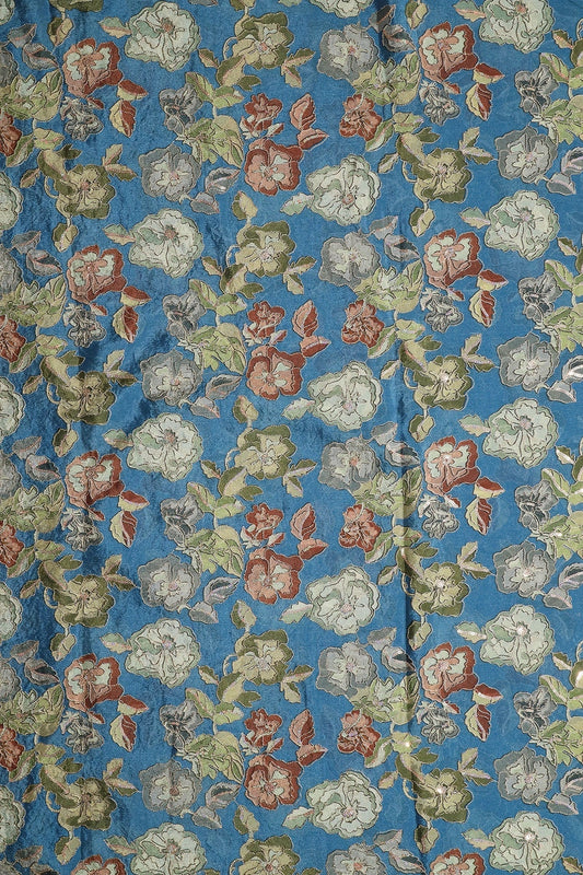 AIzaSyBcstauz-XMPRhEY21AUzeo032pxrXB5Ug - Beautiful Floral Position Print On Sequins Embroidery Cerulean Blue Viscose Chinnon Chiffon Fabric