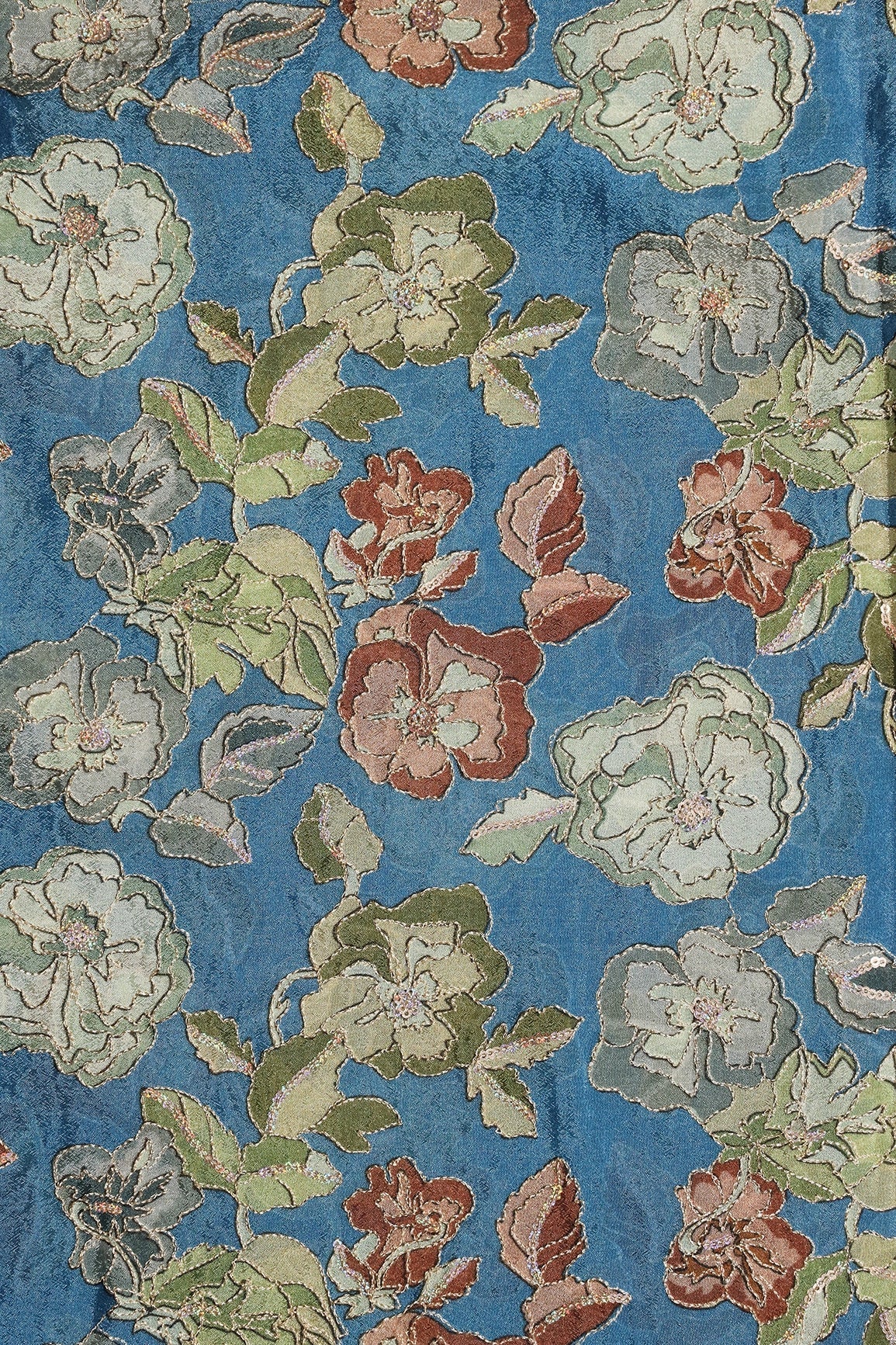 AIzaSyBcstauz-XMPRhEY21AUzeo032pxrXB5Ug - Beautiful Floral Position Print On Sequins Embroidery Cerulean Blue Viscose Chinnon Chiffon Fabric