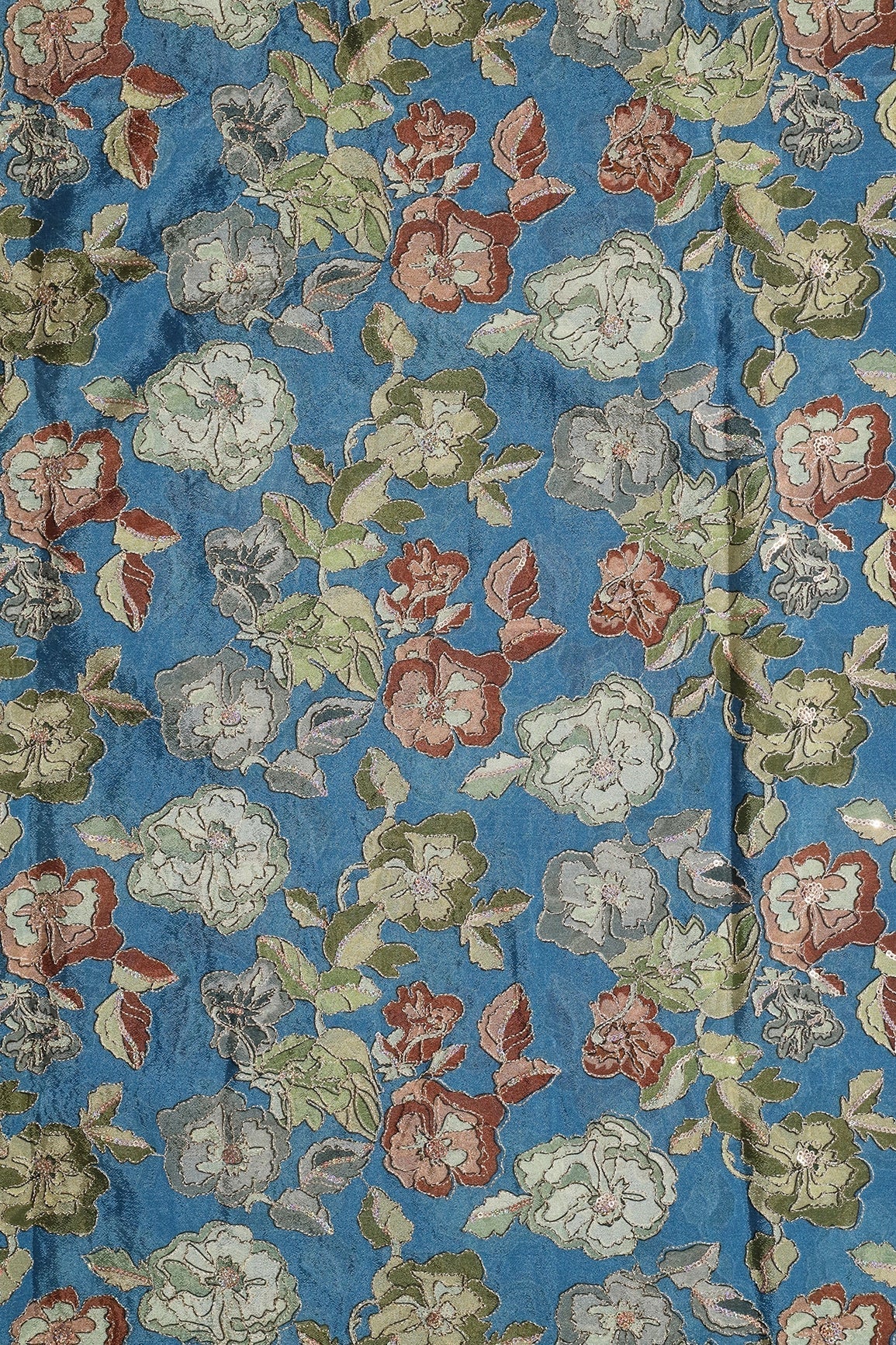 AIzaSyBcstauz-XMPRhEY21AUzeo032pxrXB5Ug - Beautiful Floral Position Print On Sequins Embroidery Cerulean Blue Viscose Chinnon Chiffon Fabric