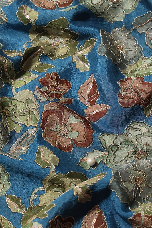 AIzaSyBcstauz-XMPRhEY21AUzeo032pxrXB5Ug - Beautiful Floral Position Print On Sequins Embroidery Cerulean Blue Viscose Chinnon Chiffon Fabric