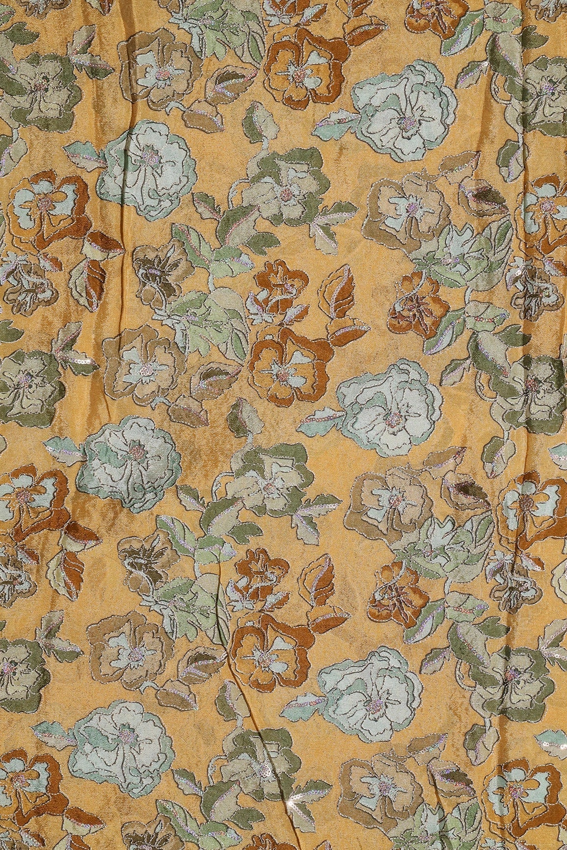 AIzaSyBcstauz-XMPRhEY21AUzeo032pxrXB5Ug - Beautiful Floral Position Print On Sequins Embroidery Mustard Viscose Chinnon Chiffon Fabric