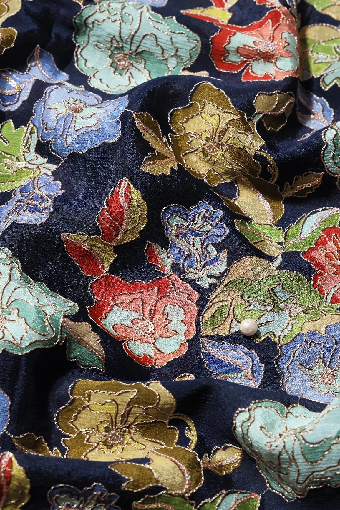 AIzaSyBcstauz-XMPRhEY21AUzeo032pxrXB5Ug - Beautiful Floral Position Print On Sequins Embroidery Navy Blue Viscose Chinnon Chiffon Fabric