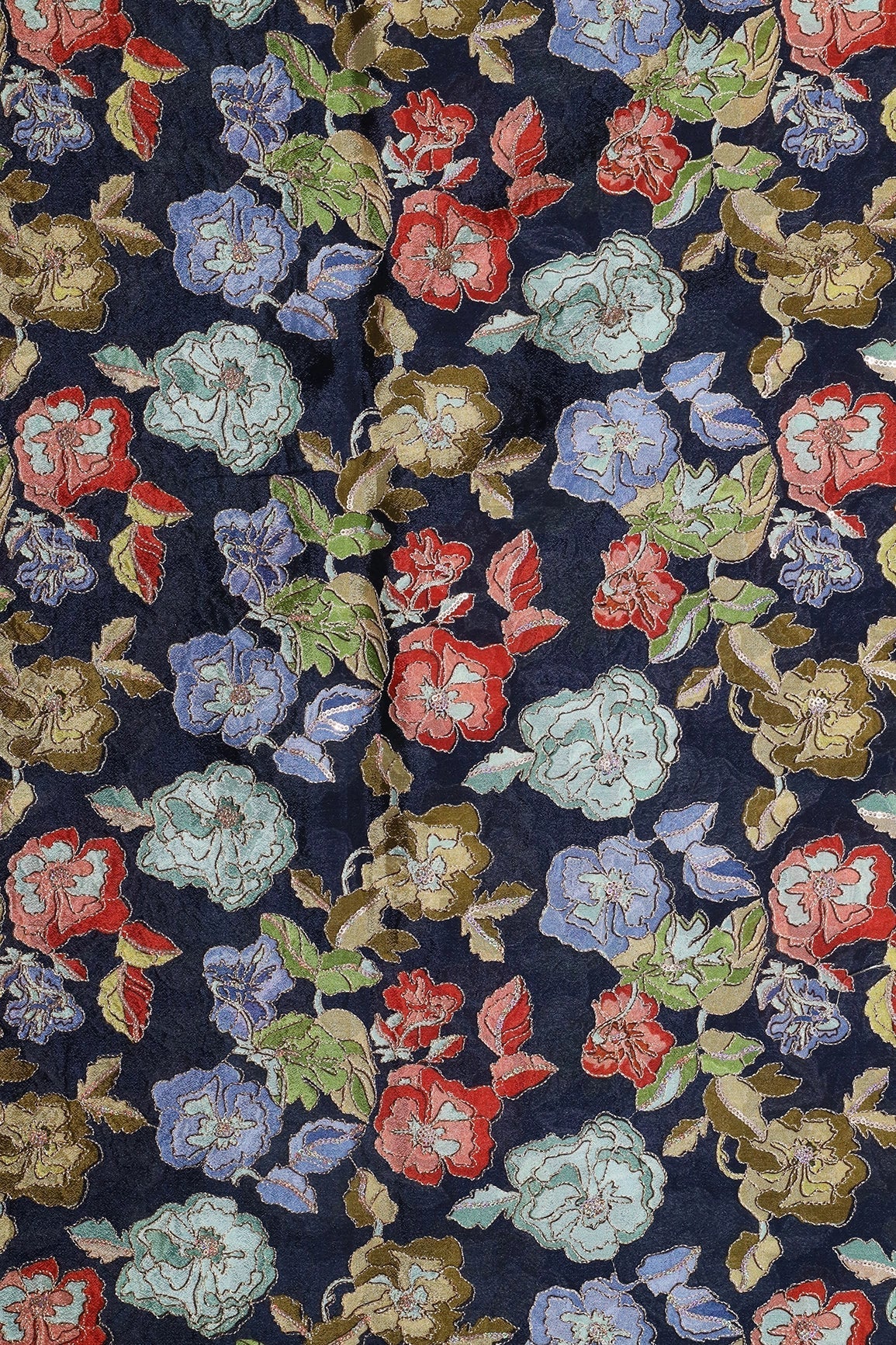 AIzaSyBcstauz-XMPRhEY21AUzeo032pxrXB5Ug - Beautiful Floral Position Print On Sequins Embroidery Navy Blue Viscose Chinnon Chiffon Fabric