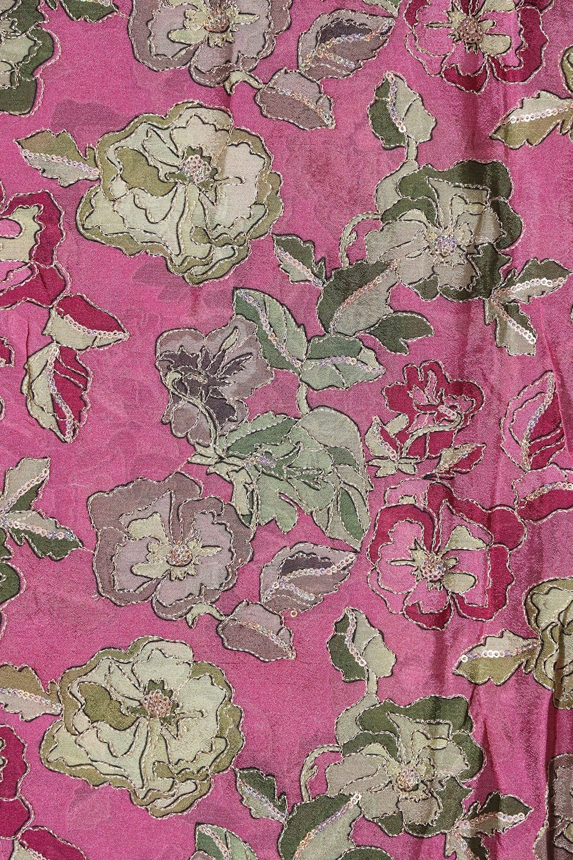 AIzaSyBcstauz-XMPRhEY21AUzeo032pxrXB5Ug - Beautiful Floral Position Print On Sequins Embroidery Pink Viscose Chinnon Chiffon Fabric