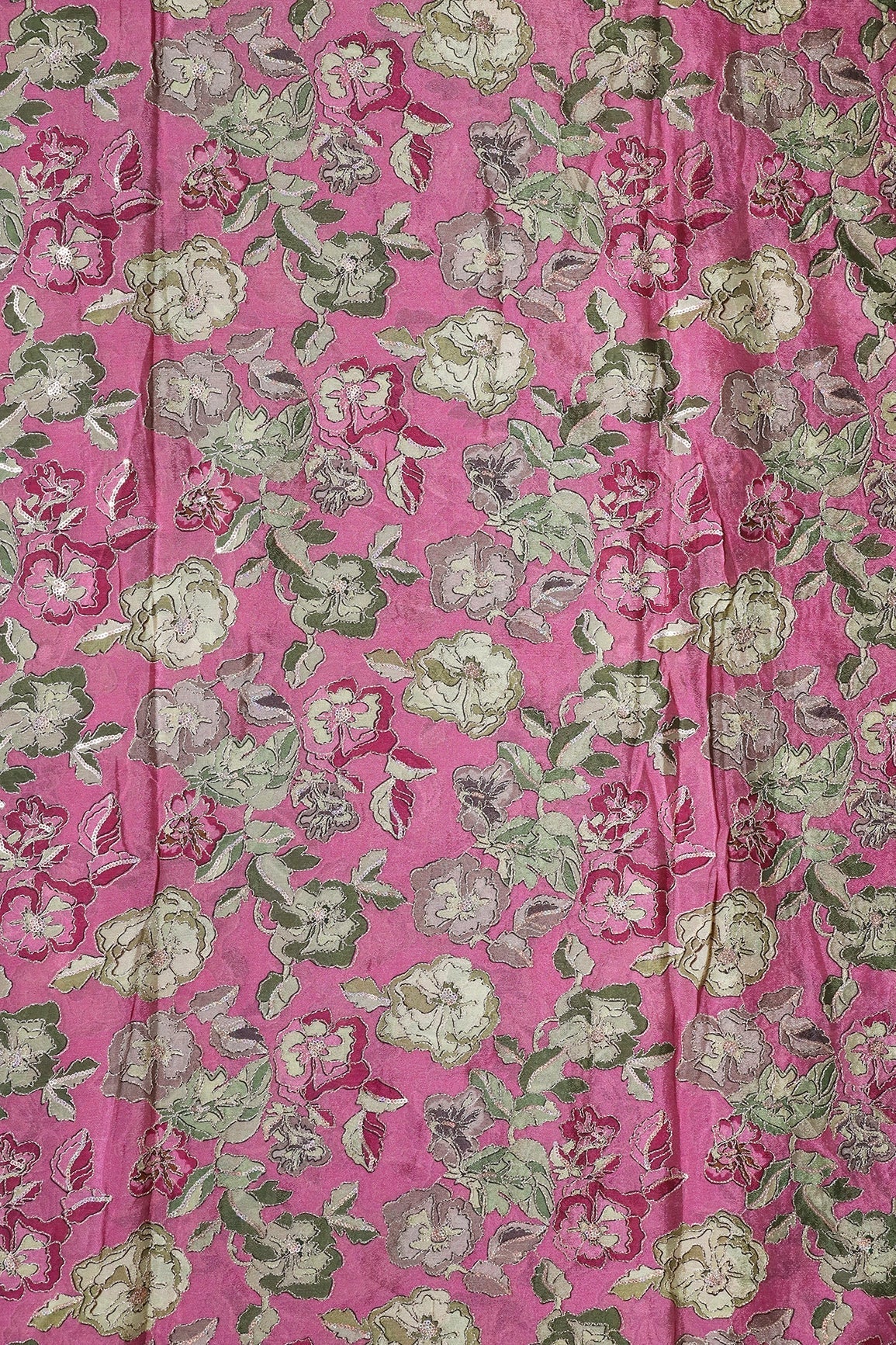 AIzaSyBcstauz-XMPRhEY21AUzeo032pxrXB5Ug - Beautiful Floral Position Print On Sequins Embroidery Pink Viscose Chinnon Chiffon Fabric