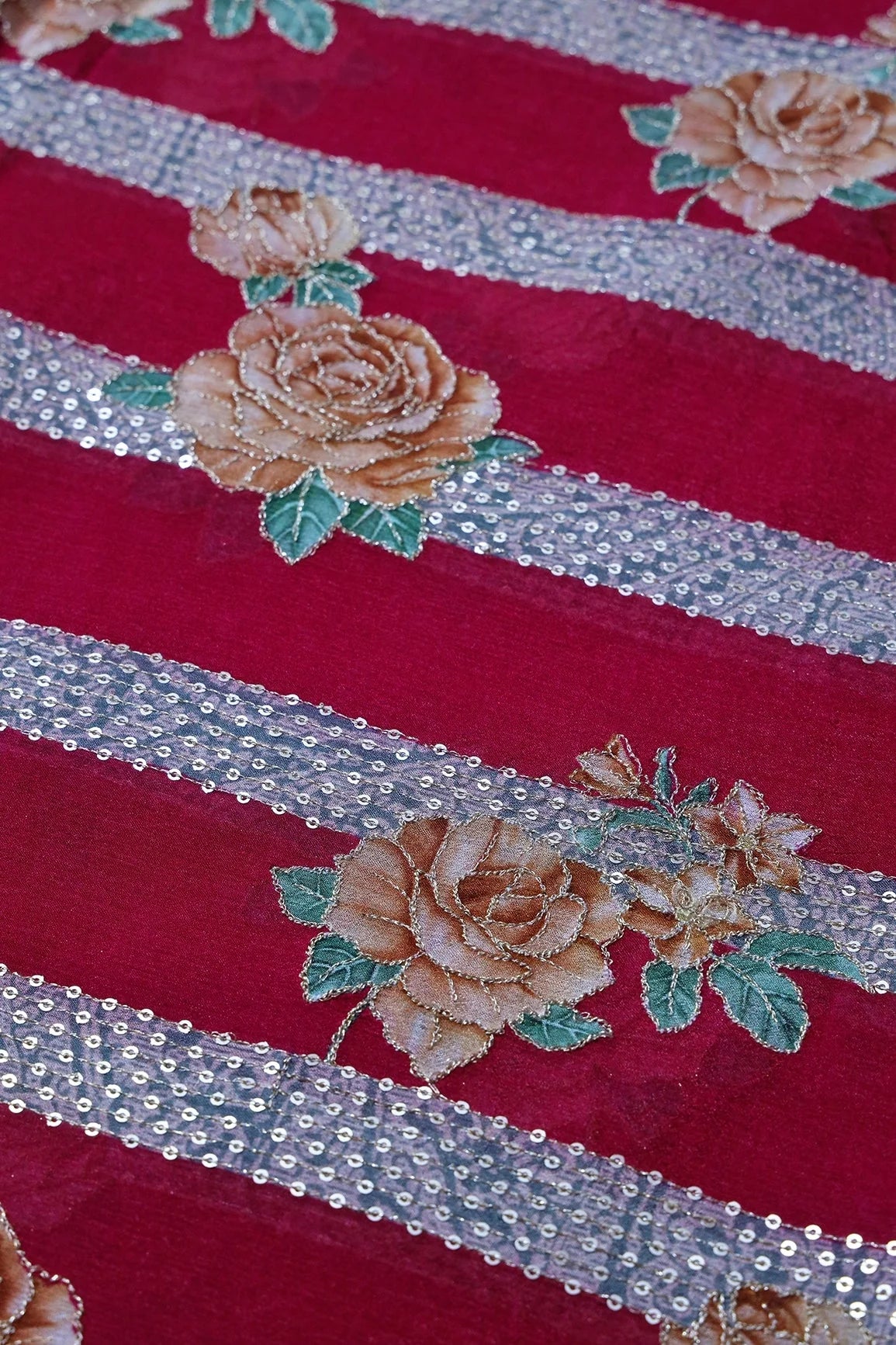 AIzaSyBcstauz-XMPRhEY21AUzeo032pxrXB5Ug - Beautiful Floral With Stripes Position Print On Sequins Embroidery Fuchsia Viscose Chinnon Chiffon Fabric