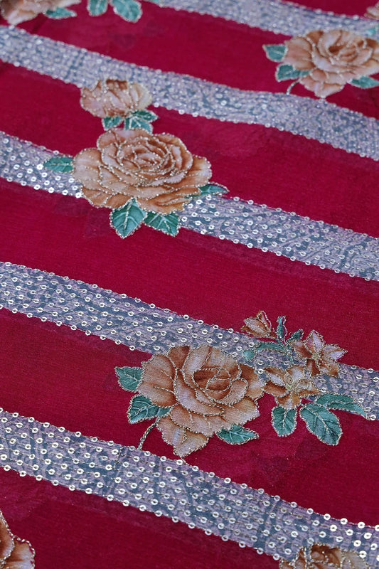 AIzaSyBcstauz-XMPRhEY21AUzeo032pxrXB5Ug - Beautiful Floral With Stripes Position Print On Sequins Embroidery Fuchsia Viscose Chinnon Chiffon Fabric