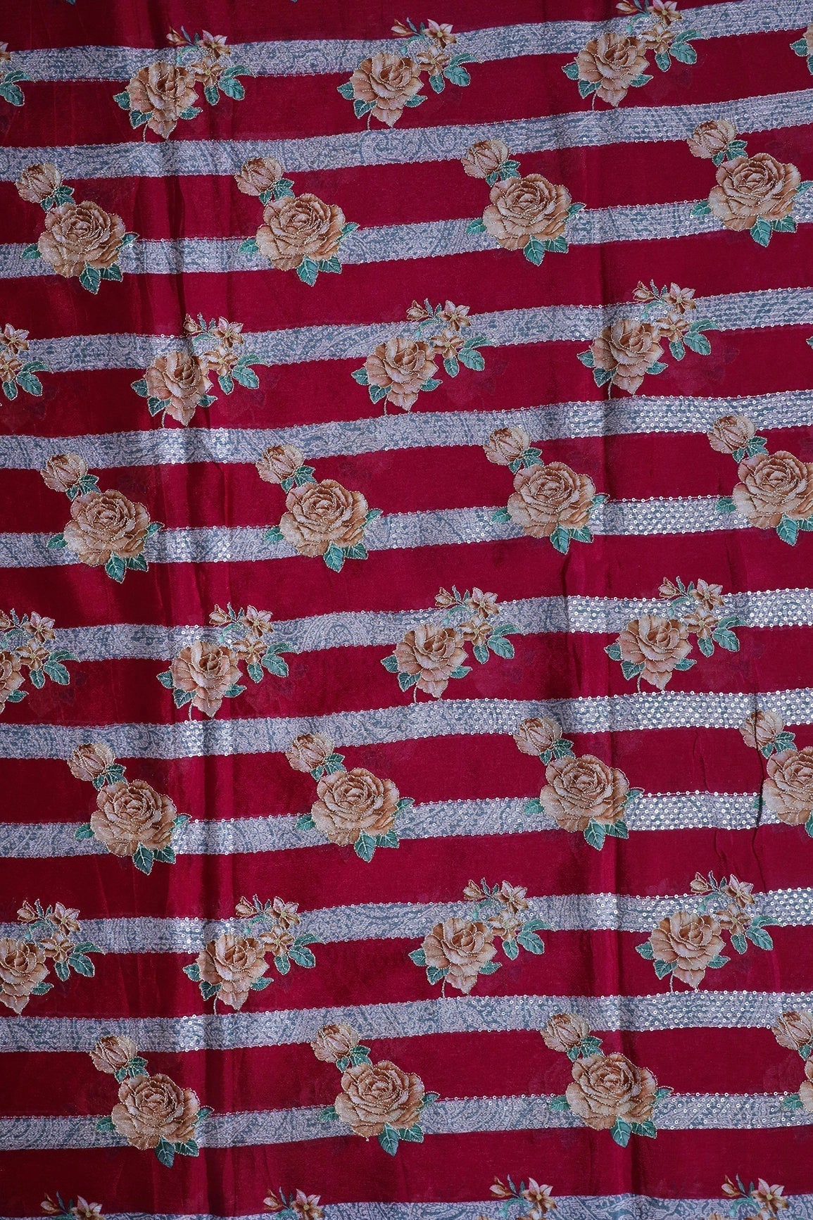 AIzaSyBcstauz-XMPRhEY21AUzeo032pxrXB5Ug - Beautiful Floral With Stripes Position Print On Sequins Embroidery Fuchsia Viscose Chinnon Chiffon Fabric