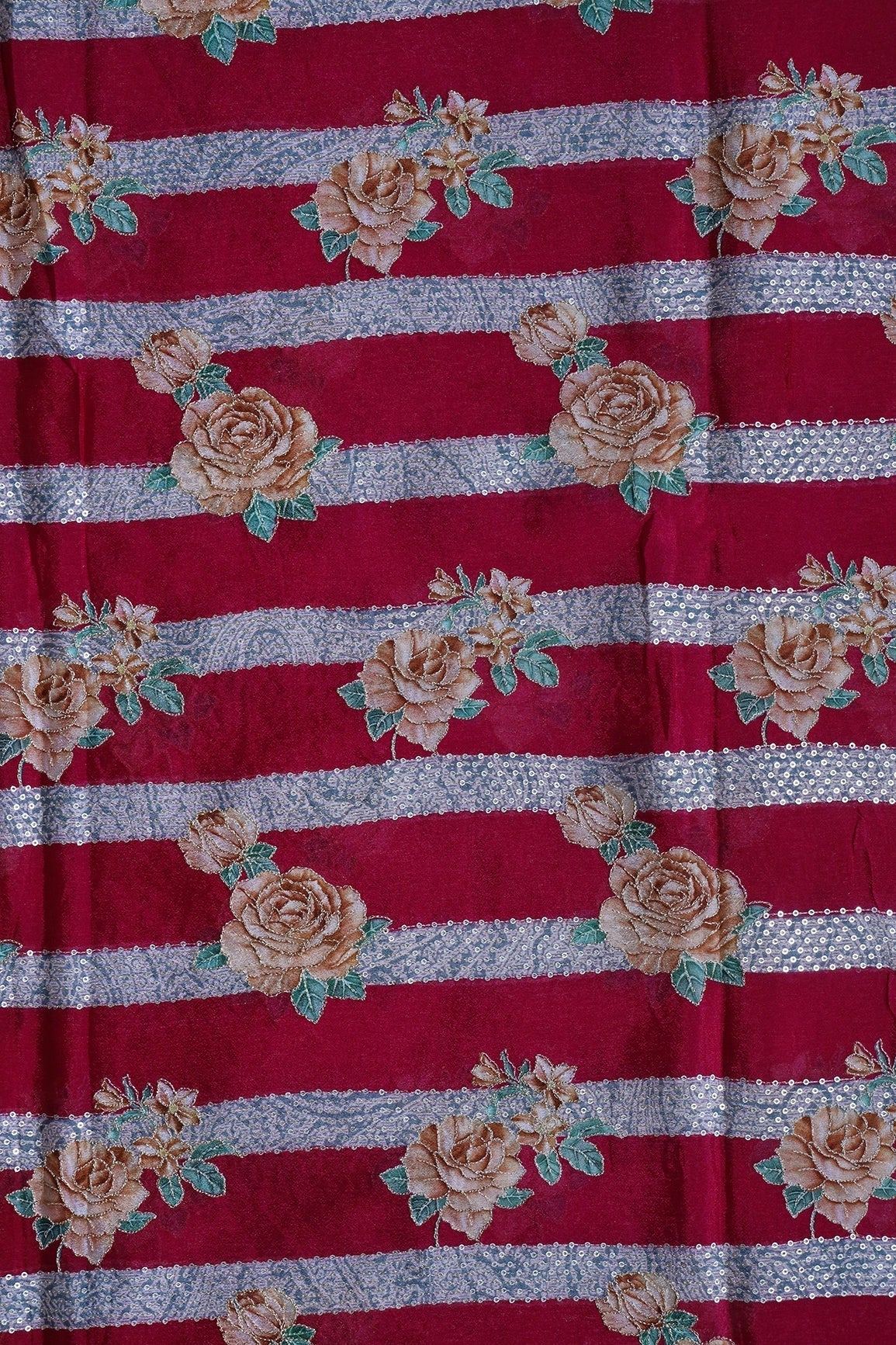 AIzaSyBcstauz-XMPRhEY21AUzeo032pxrXB5Ug - Beautiful Floral With Stripes Position Print On Sequins Embroidery Fuchsia Viscose Chinnon Chiffon Fabric