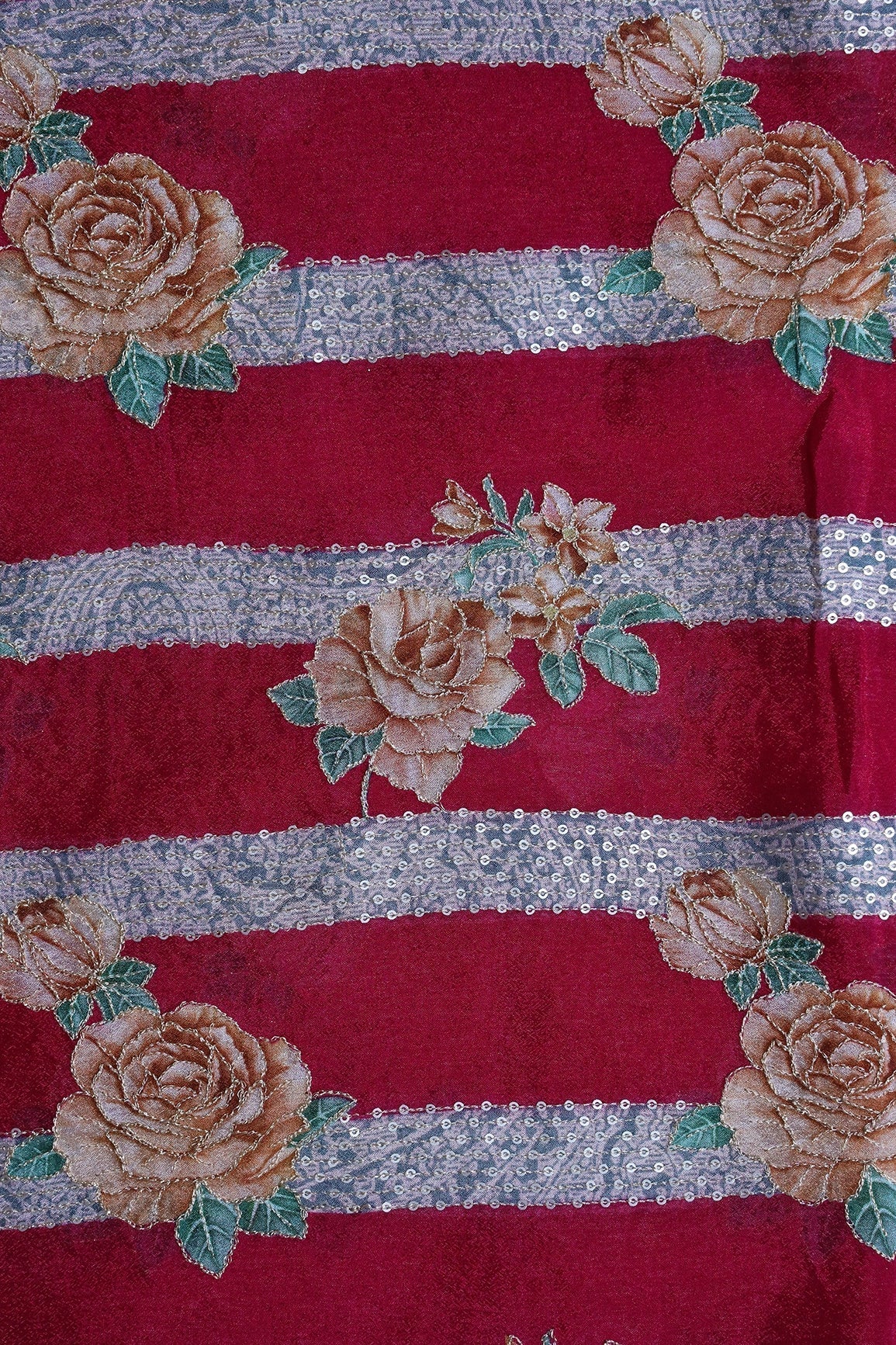 AIzaSyBcstauz-XMPRhEY21AUzeo032pxrXB5Ug - Beautiful Floral With Stripes Position Print On Sequins Embroidery Fuchsia Viscose Chinnon Chiffon Fabric