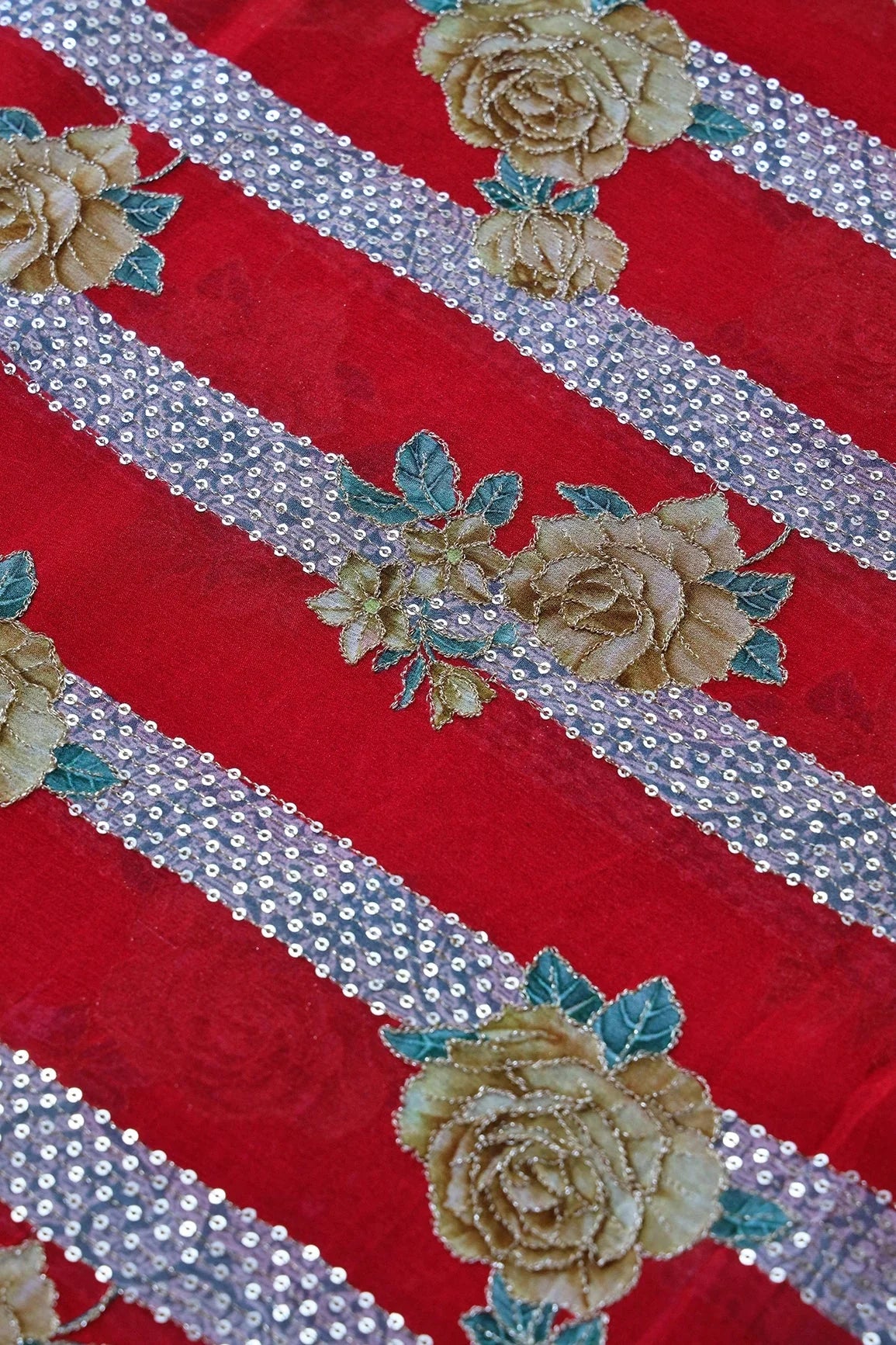 AIzaSyBcstauz-XMPRhEY21AUzeo032pxrXB5Ug - Beautiful Floral With Stripes Position Print On Sequins Embroidery Red Viscose Chinnon Chiffon Fabric