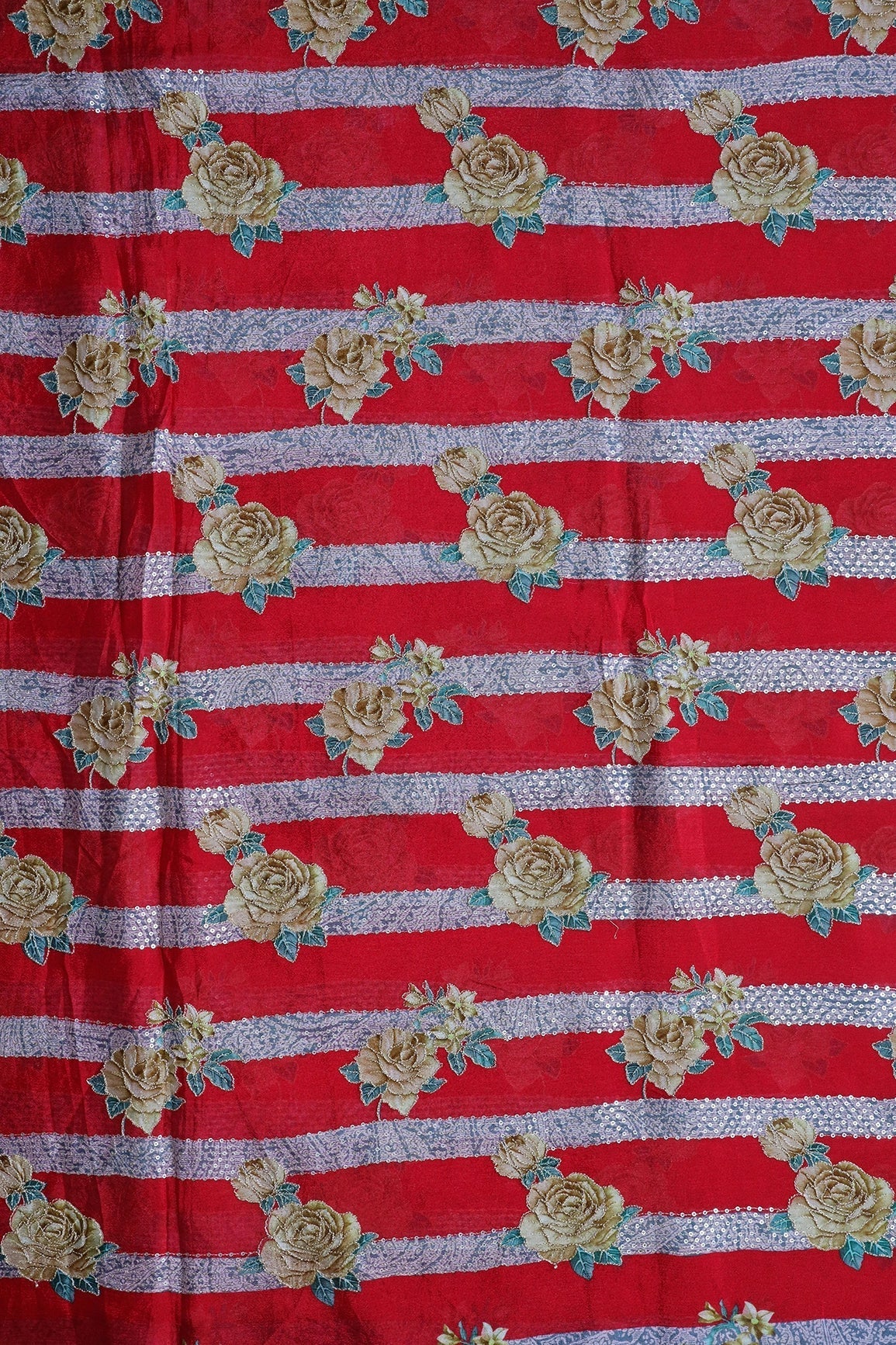 AIzaSyBcstauz-XMPRhEY21AUzeo032pxrXB5Ug - Beautiful Floral With Stripes Position Print On Sequins Embroidery Red Viscose Chinnon Chiffon Fabric