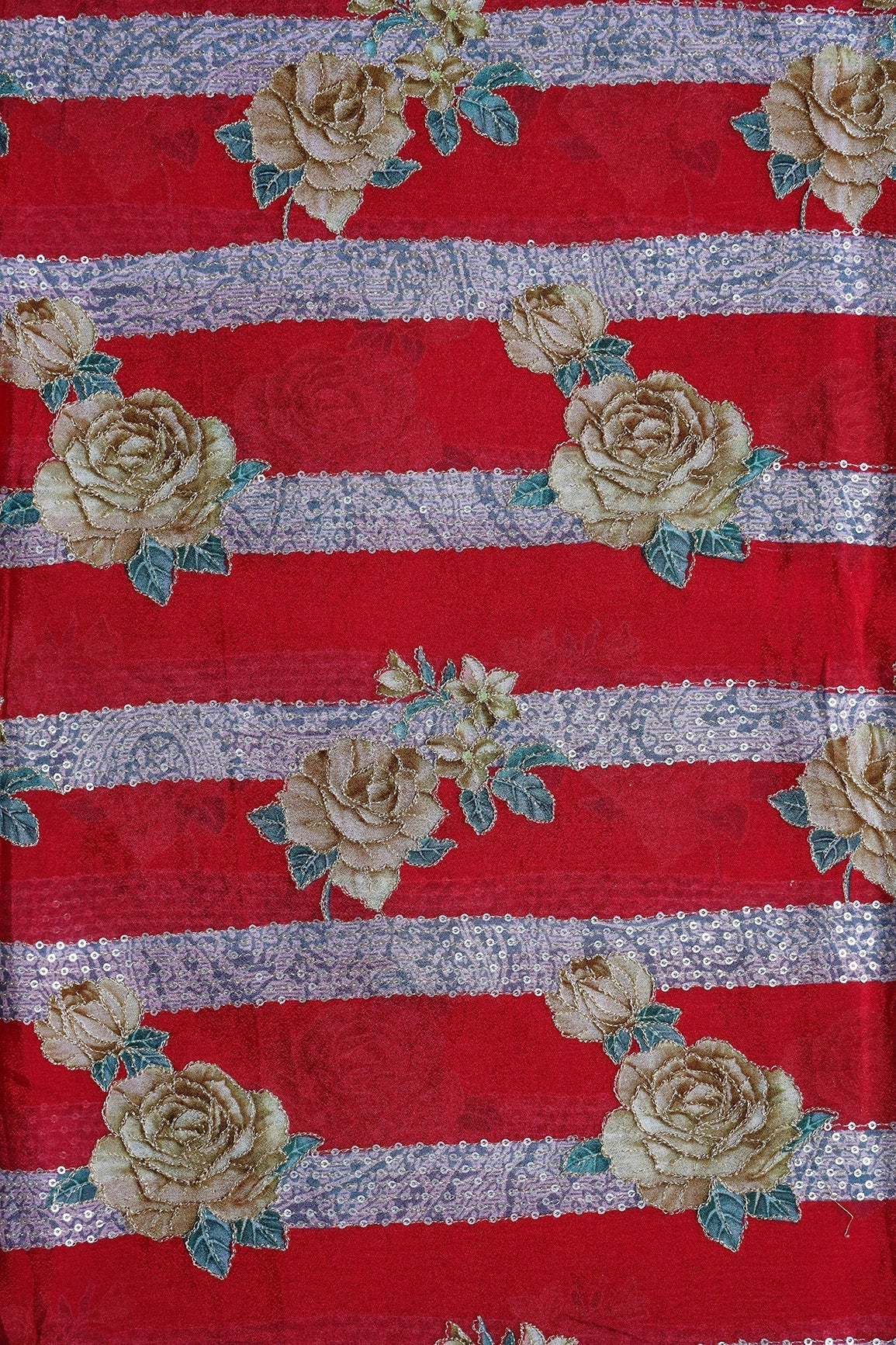 AIzaSyBcstauz-XMPRhEY21AUzeo032pxrXB5Ug - Beautiful Floral With Stripes Position Print On Sequins Embroidery Red Viscose Chinnon Chiffon Fabric