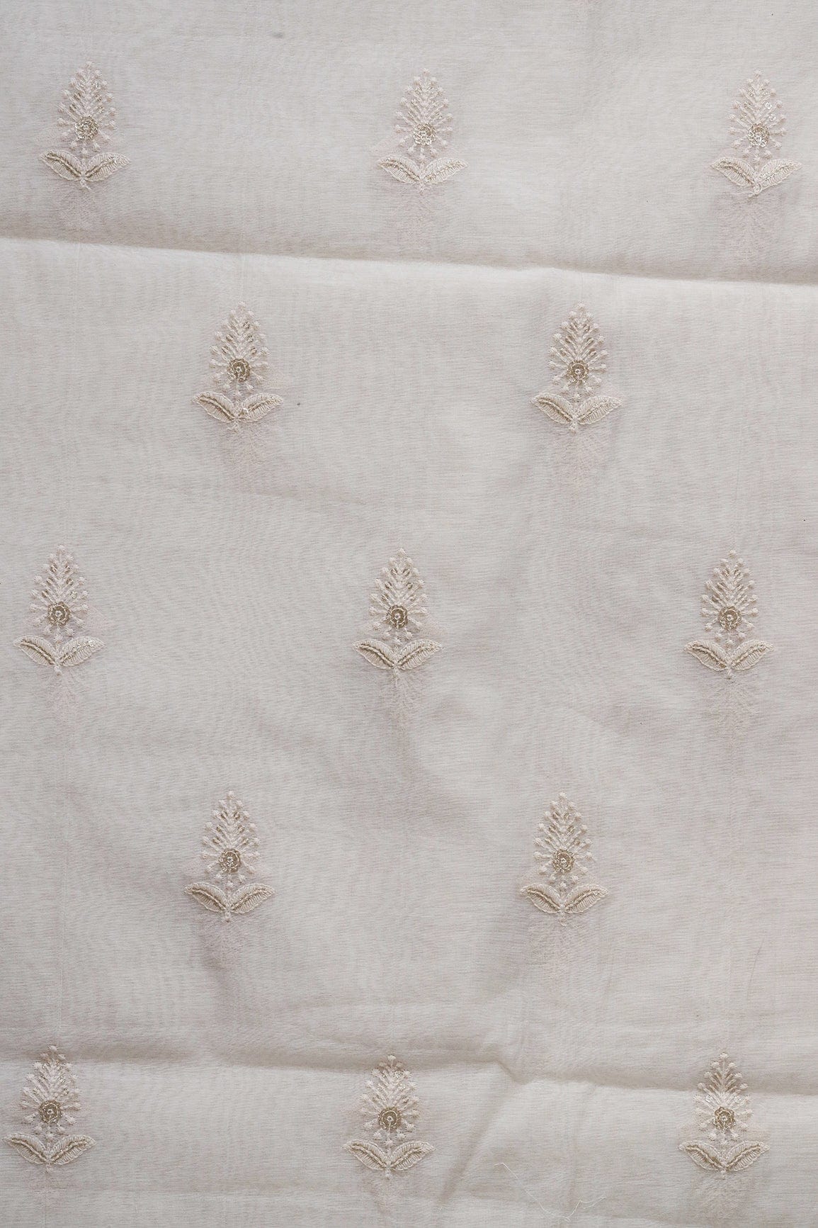 AIzaSyBcstauz-XMPRhEY21AUzeo032pxrXB5Ug - Beautiful Gold Sequins With Leafy Embroidery On Cream Pure Chanderi Silk Fabric
