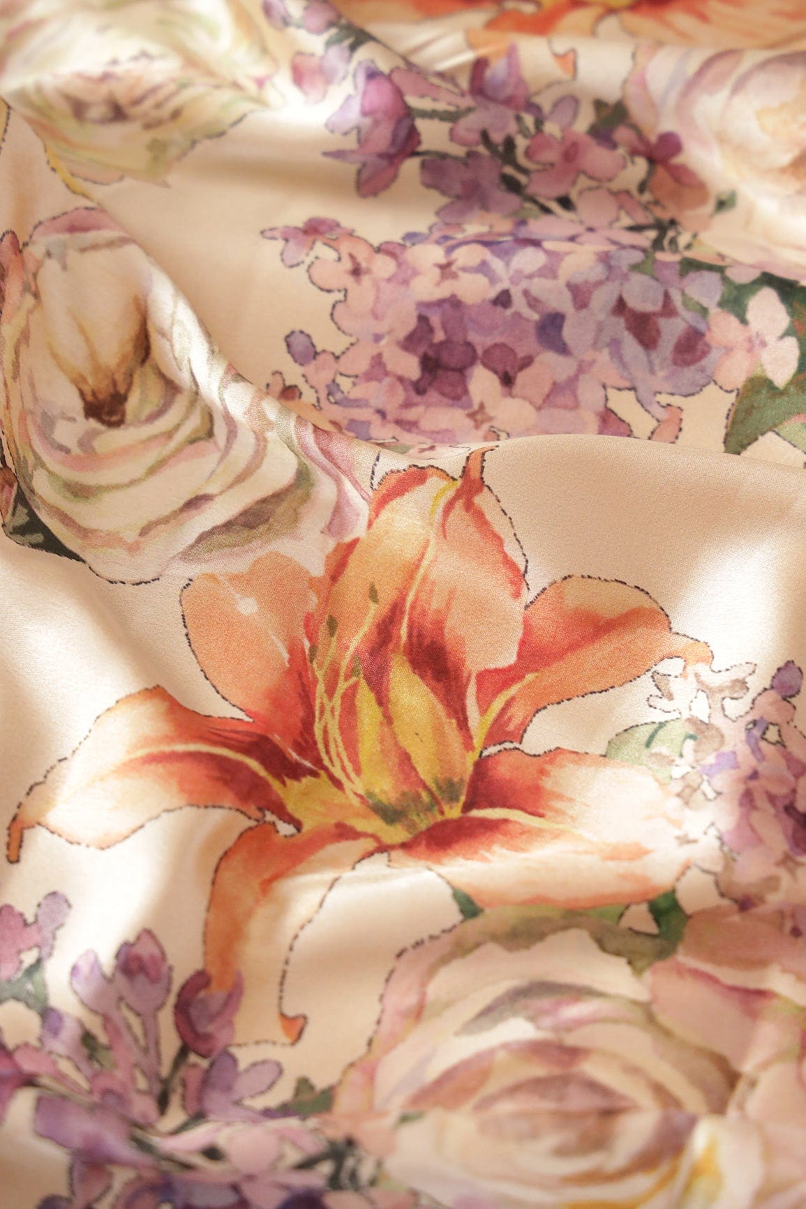 AIzaSyBcstauz-XMPRhEY21AUzeo032pxrXB5Ug - Beautiful Multi Color Floral Pattern Digital Print On Cream Satin Fabric