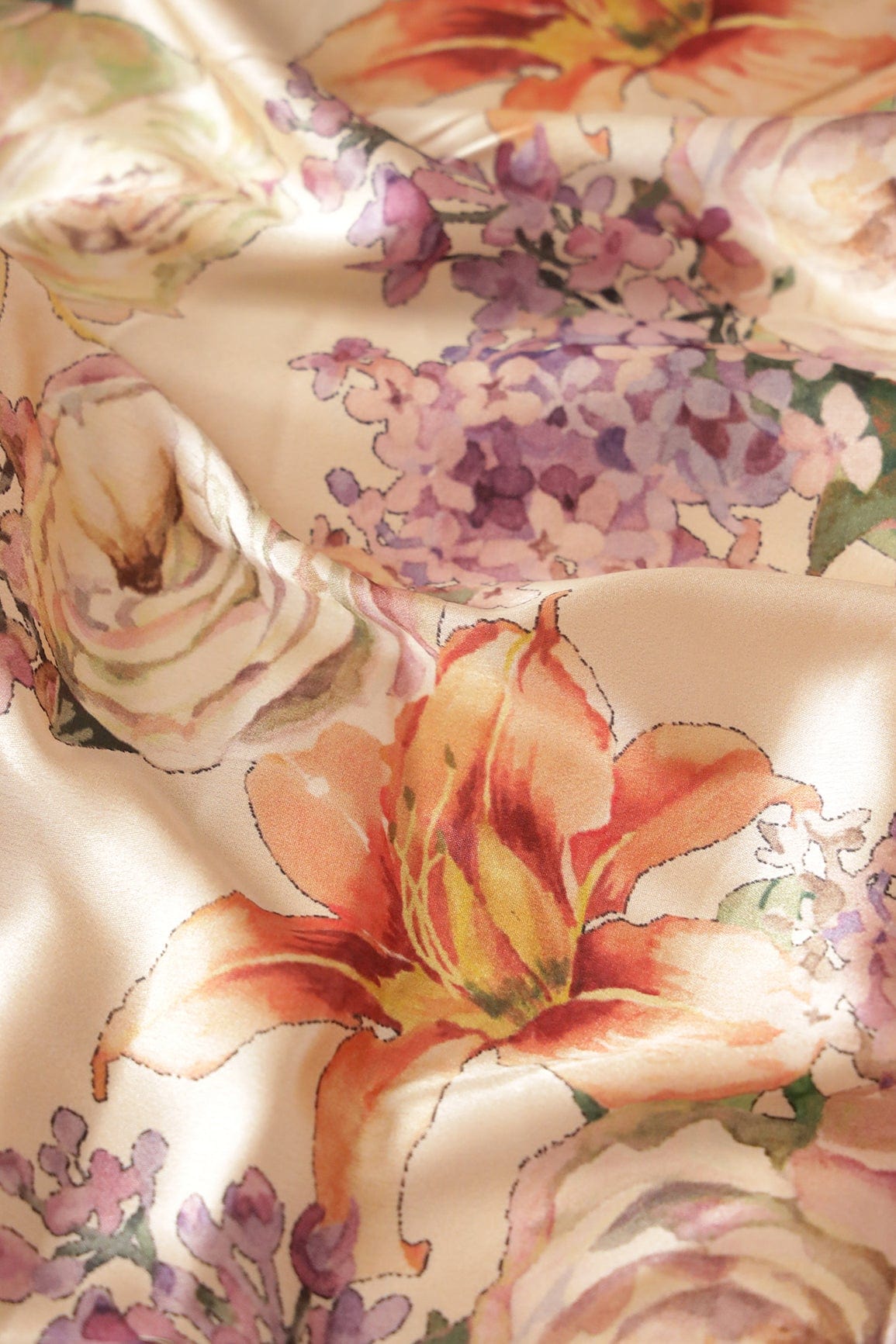 AIzaSyBcstauz-XMPRhEY21AUzeo032pxrXB5Ug - Beautiful Multi Color Floral Pattern Digital Print On Cream Satin Fabric
