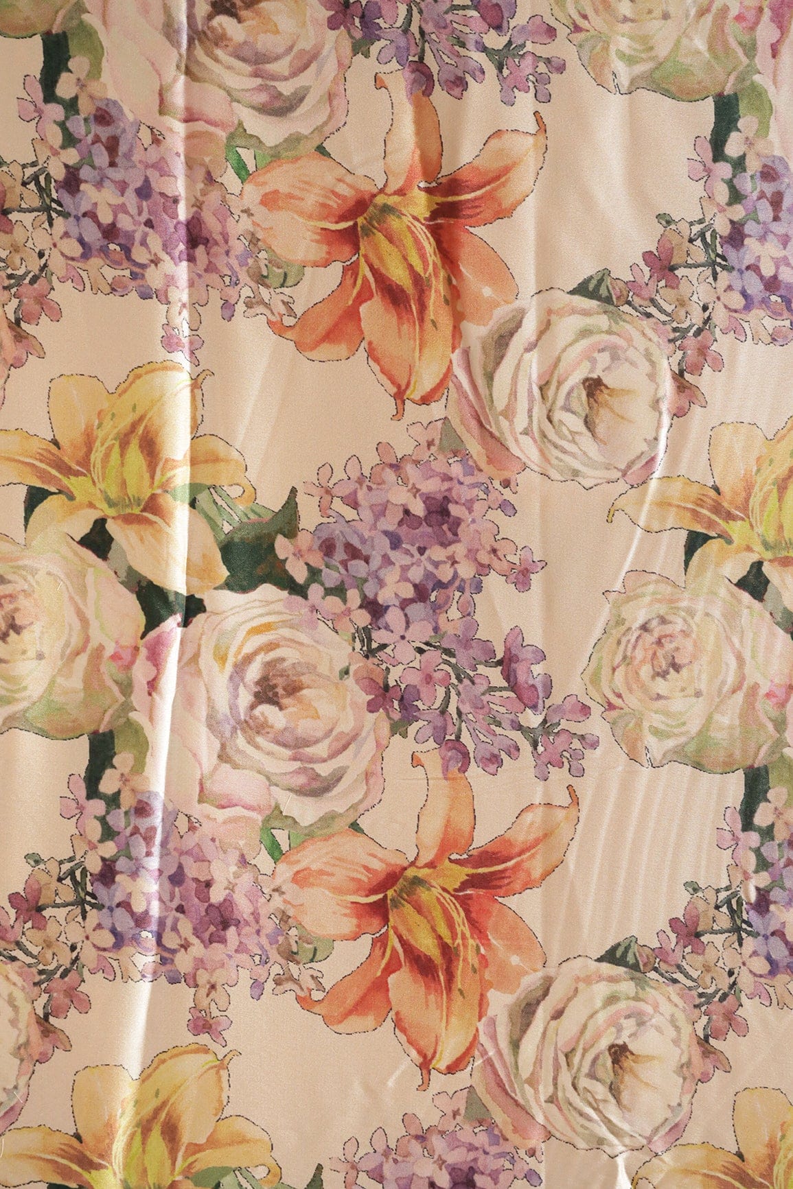 AIzaSyBcstauz-XMPRhEY21AUzeo032pxrXB5Ug - Beautiful Multi Color Floral Pattern Digital Print On Cream Satin Fabric