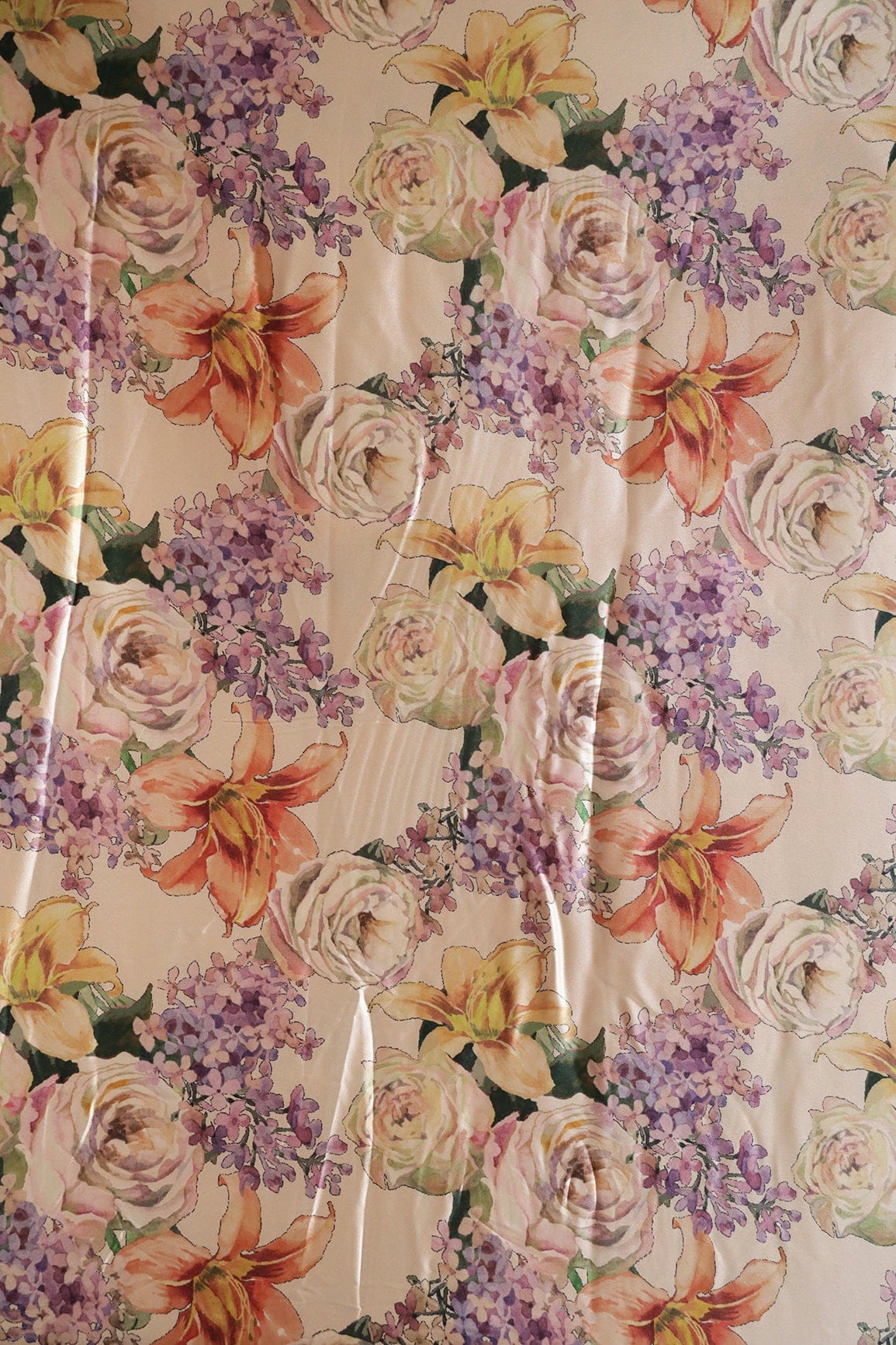 AIzaSyBcstauz-XMPRhEY21AUzeo032pxrXB5Ug - Beautiful Multi Color Floral Pattern Digital Print On Cream Satin Fabric