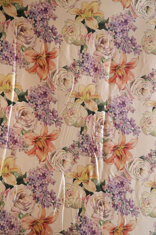 AIzaSyBcstauz-XMPRhEY21AUzeo032pxrXB5Ug - Beautiful Multi Color Floral Pattern Digital Print On Cream Satin Fabric