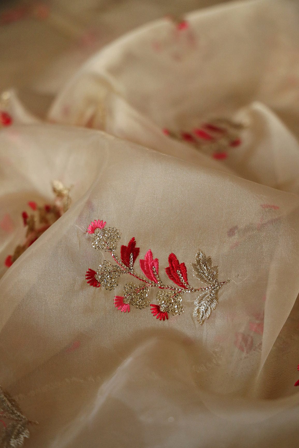 AIzaSyBcstauz-XMPRhEY21AUzeo032pxrXB5Ug - Beautiful Multi Color Leafy Embroidery Work On Beige Tissue Fabric