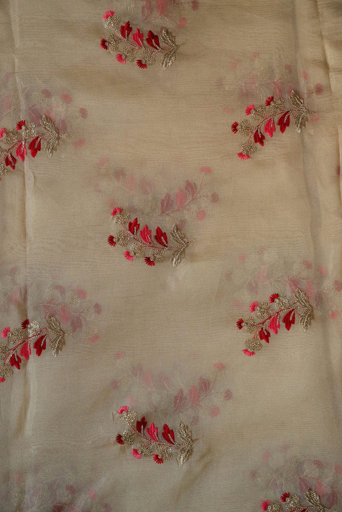 AIzaSyBcstauz-XMPRhEY21AUzeo032pxrXB5Ug - Beautiful Multi Color Leafy Embroidery Work On Beige Tissue Fabric