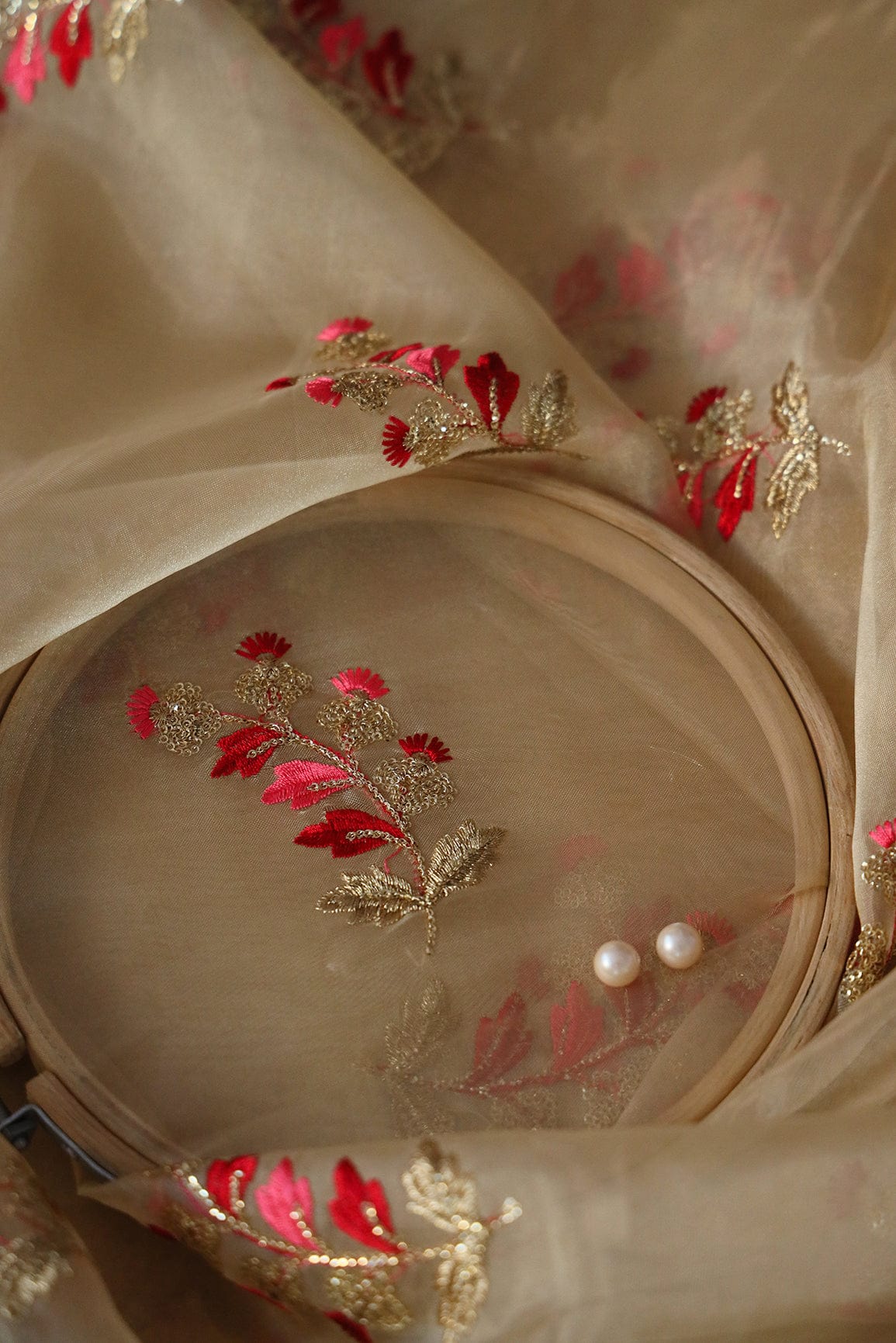 AIzaSyBcstauz-XMPRhEY21AUzeo032pxrXB5Ug - Beautiful Multi Color Leafy Embroidery Work On Beige Tissue Fabric