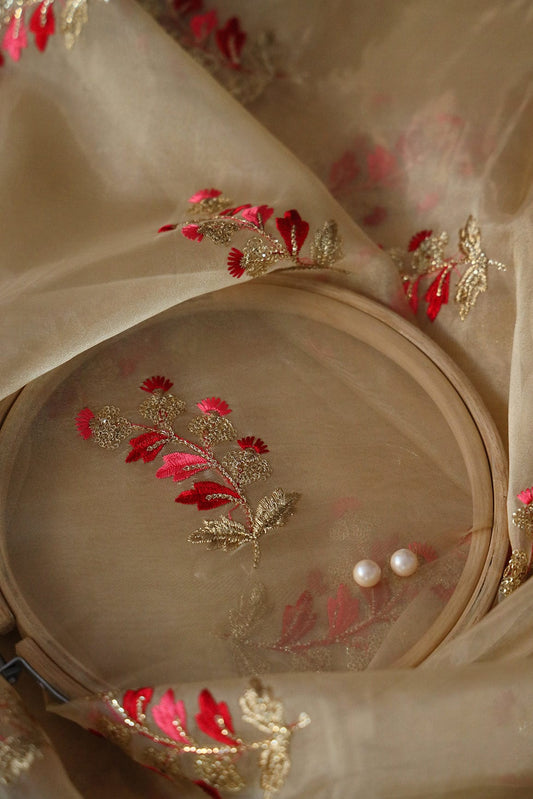 AIzaSyBcstauz-XMPRhEY21AUzeo032pxrXB5Ug - Beautiful Multi Color Leafy Embroidery Work On Beige Tissue Fabric