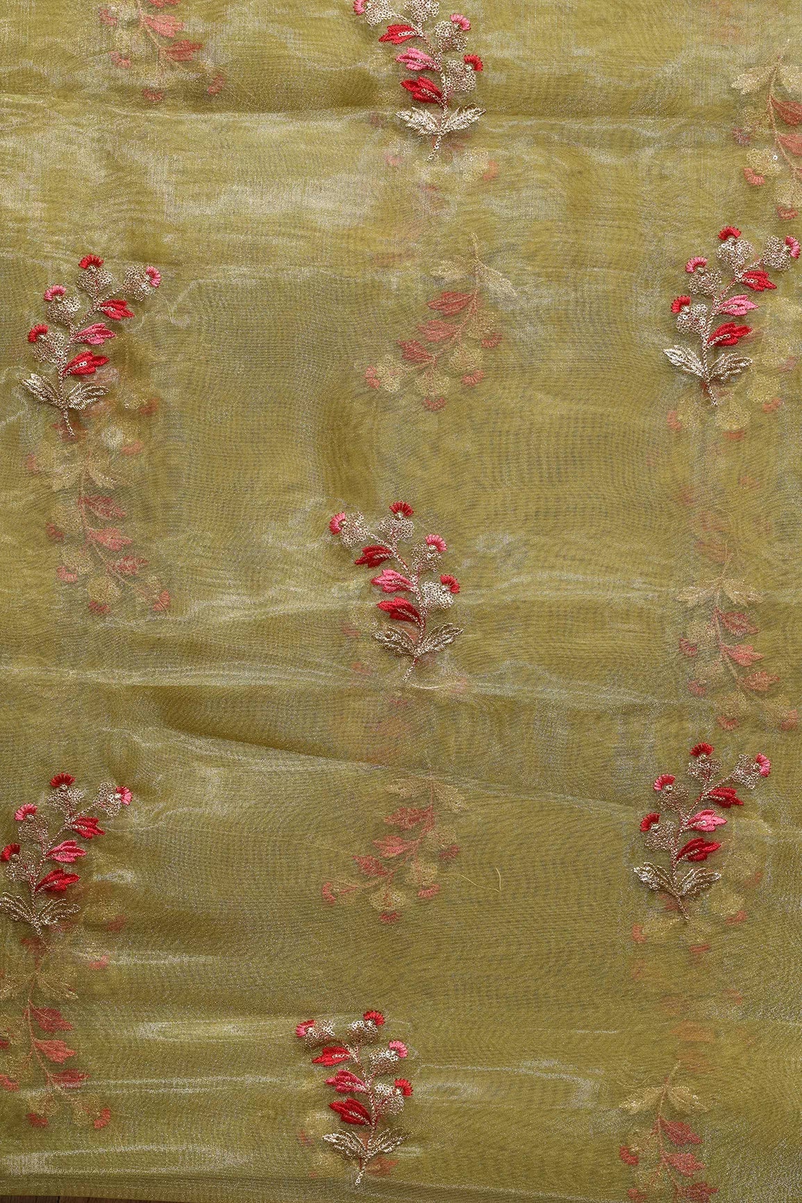 AIzaSyBcstauz-XMPRhEY21AUzeo032pxrXB5Ug - Beautiful Multi Color Leafy Embroidery Work On Mehendi Green Tissue Fabric