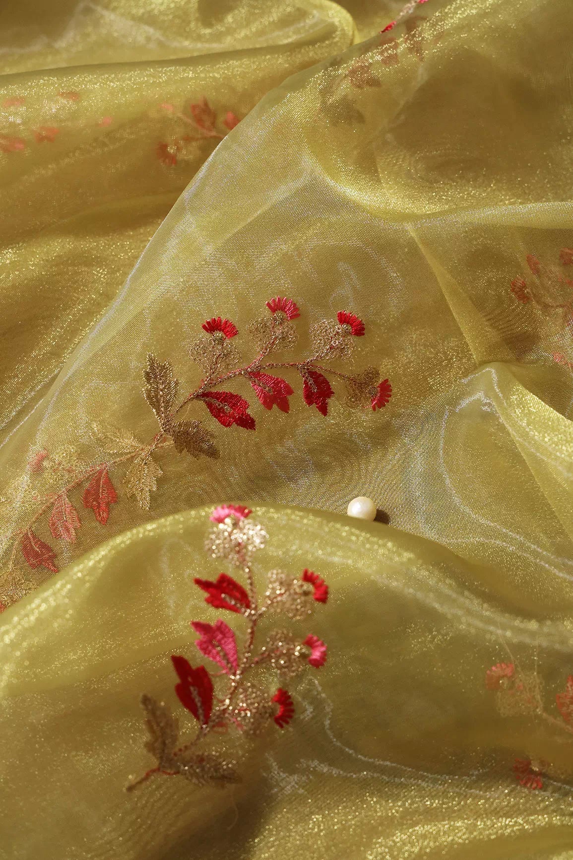 AIzaSyBcstauz-XMPRhEY21AUzeo032pxrXB5Ug - Beautiful Multi Color Leafy Embroidery Work On Mehendi Green Tissue Fabric