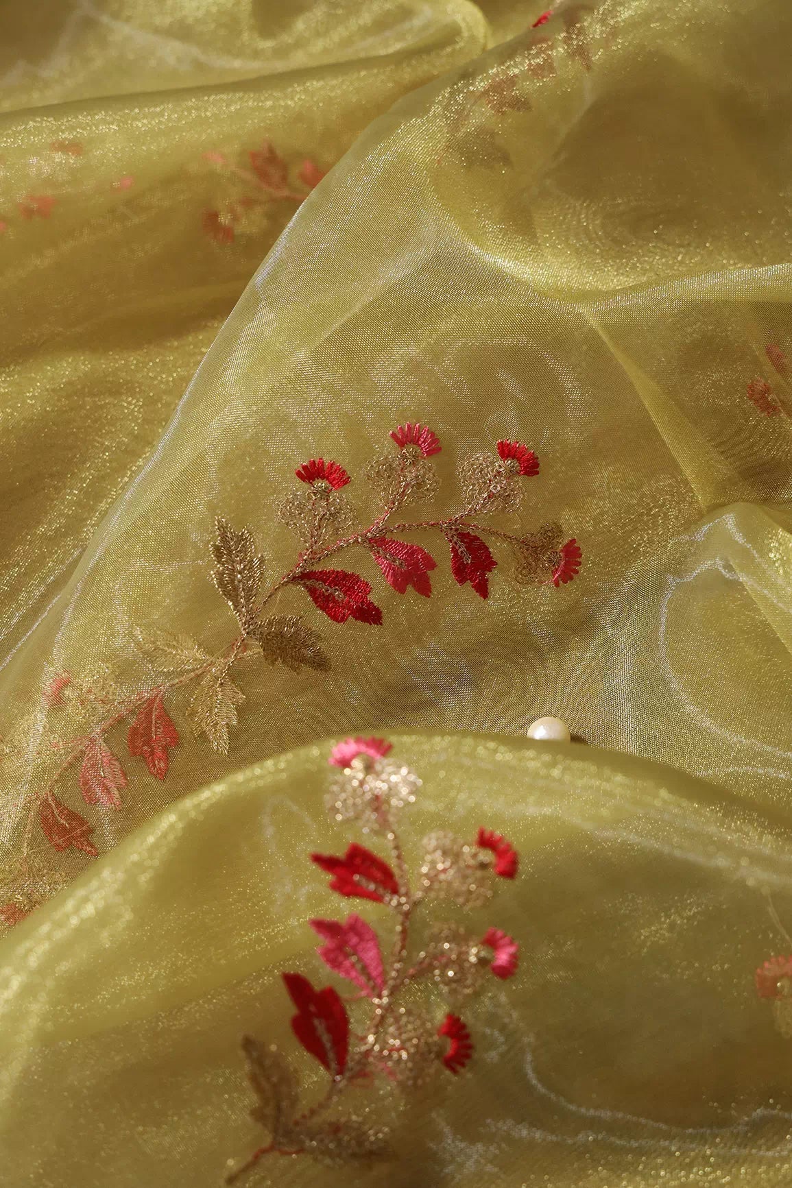 AIzaSyBcstauz-XMPRhEY21AUzeo032pxrXB5Ug - Beautiful Multi Color Leafy Embroidery Work On Mehendi Green Tissue Fabric