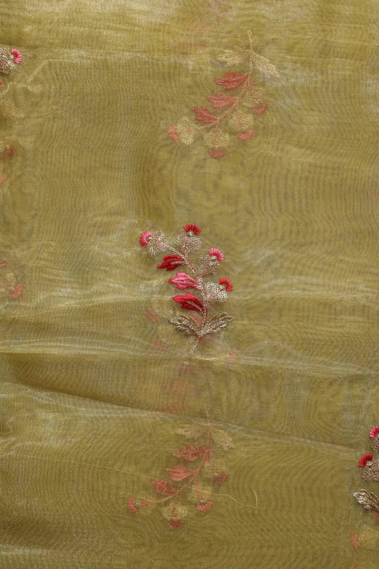 AIzaSyBcstauz-XMPRhEY21AUzeo032pxrXB5Ug - Beautiful Multi Color Leafy Embroidery Work On Mehendi Green Tissue Fabric