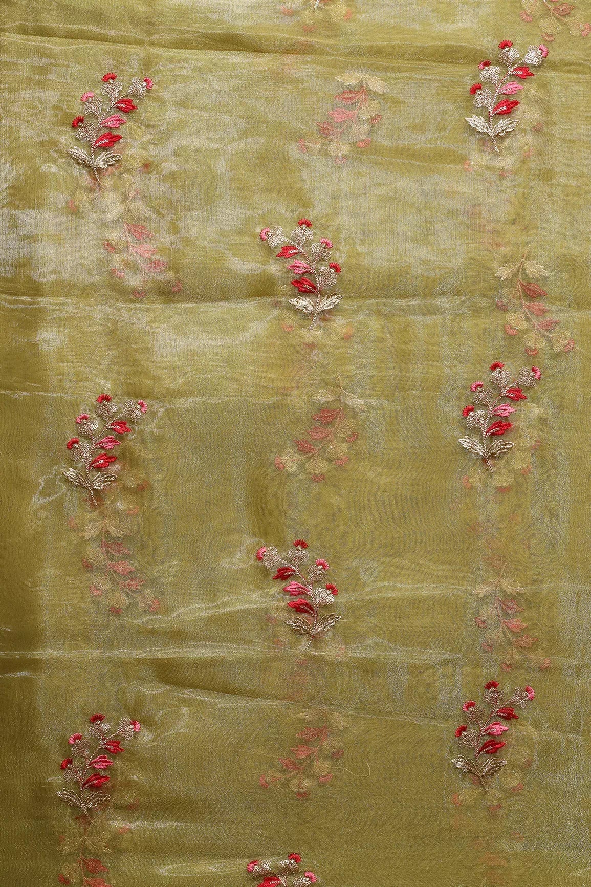 AIzaSyBcstauz-XMPRhEY21AUzeo032pxrXB5Ug - Beautiful Multi Color Leafy Embroidery Work On Mehendi Green Tissue Fabric