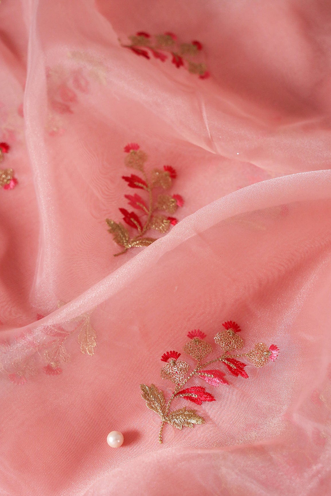 AIzaSyBcstauz-XMPRhEY21AUzeo032pxrXB5Ug - Beautiful Multi Color Leafy Embroidery Work On Peach Tissue Fabric