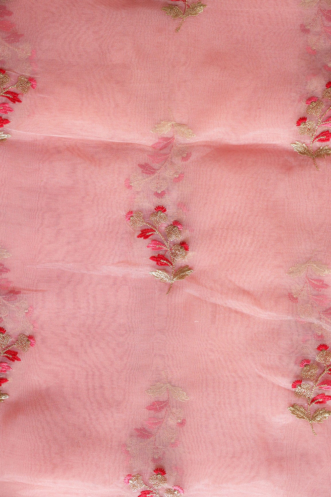 AIzaSyBcstauz-XMPRhEY21AUzeo032pxrXB5Ug - Beautiful Multi Color Leafy Embroidery Work On Peach Tissue Fabric