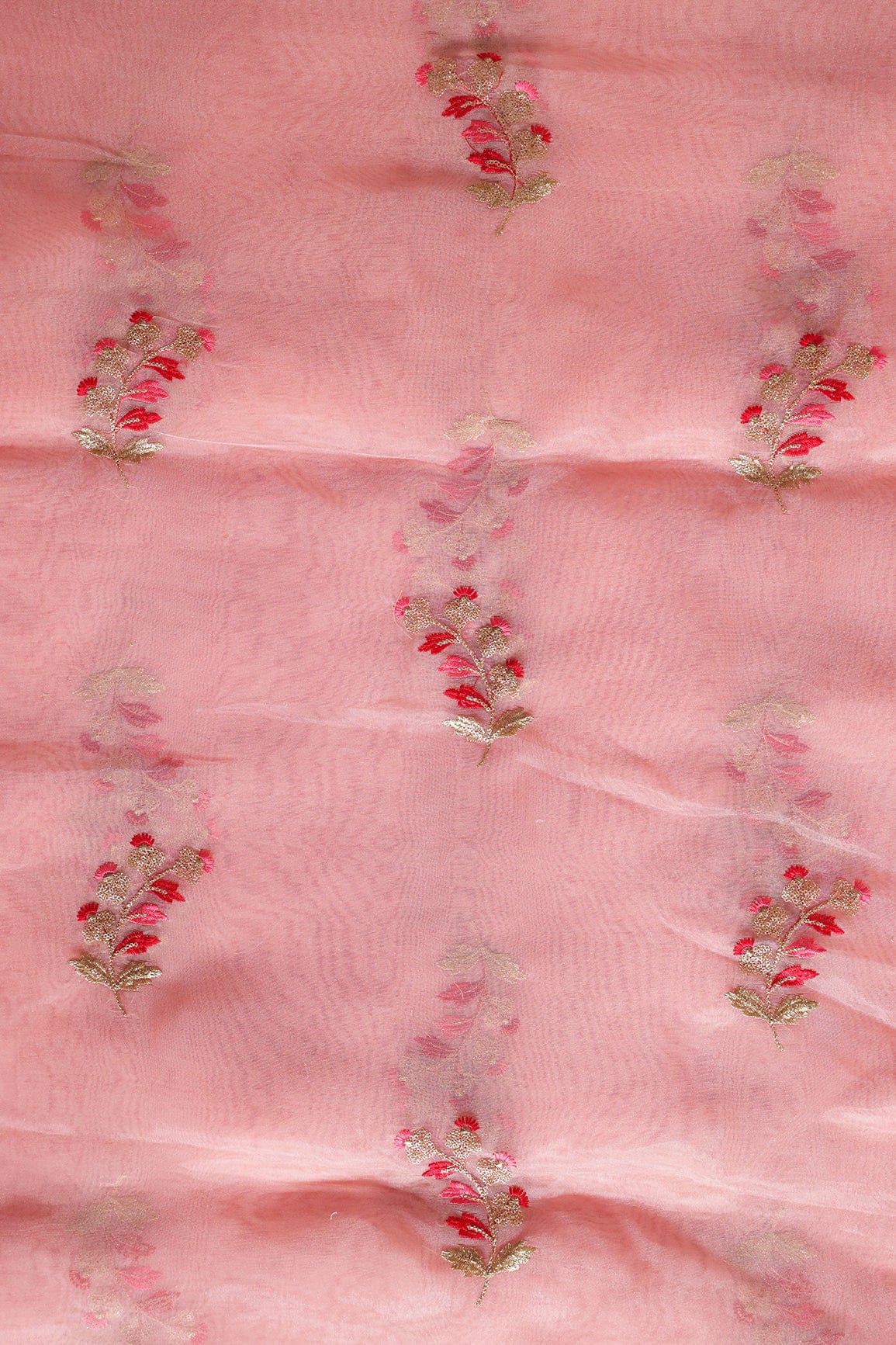 AIzaSyBcstauz-XMPRhEY21AUzeo032pxrXB5Ug - Beautiful Multi Color Leafy Embroidery Work On Peach Tissue Fabric