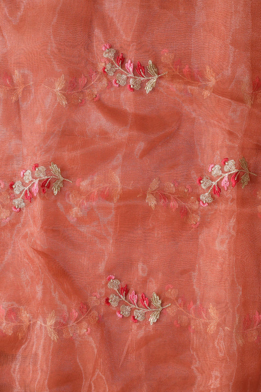 AIzaSyBcstauz-XMPRhEY21AUzeo032pxrXB5Ug - Beautiful Multi Color Leafy Embroidery Work On Rust Orange Tissue Fabric