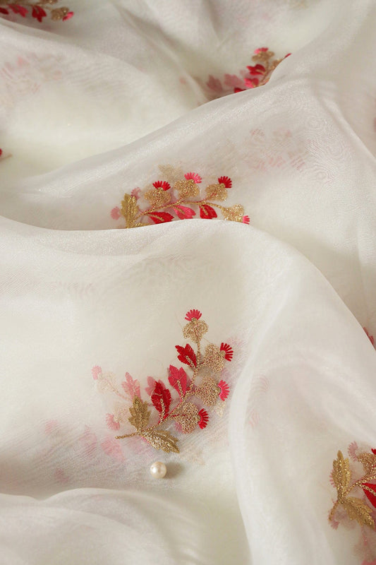 AIzaSyBcstauz-XMPRhEY21AUzeo032pxrXB5Ug - Beautiful Multi Color Leafy Embroidery Work On White Tissue Fabric