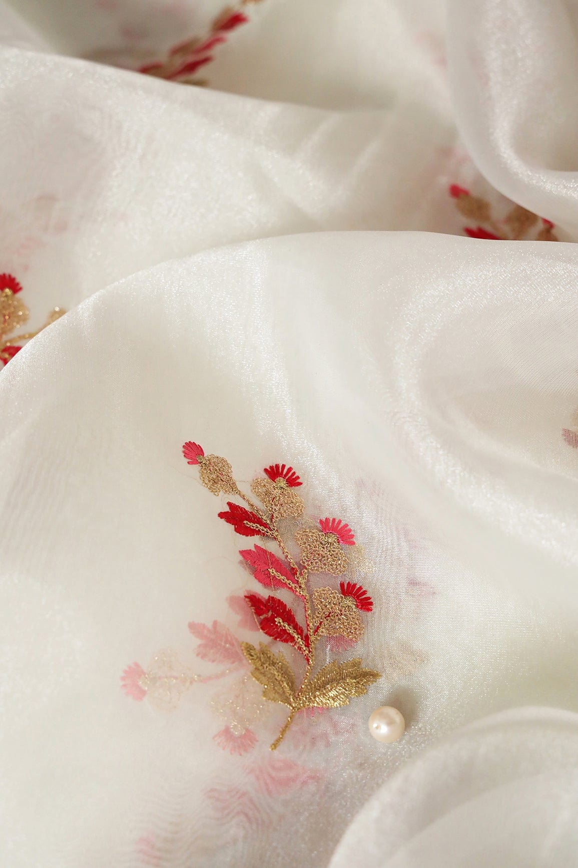 AIzaSyBcstauz-XMPRhEY21AUzeo032pxrXB5Ug - Beautiful Multi Color Leafy Embroidery Work On White Tissue Fabric