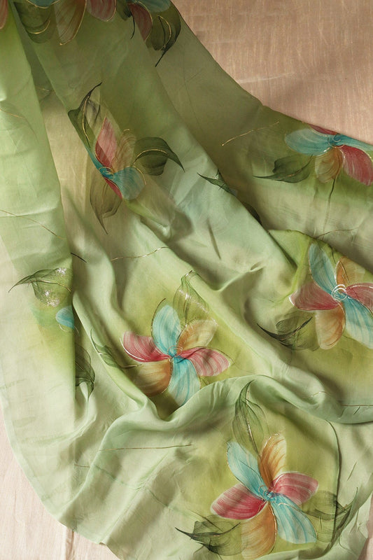 AIzaSyBcstauz-XMPRhEY21AUzeo032pxrXB5Ug - Beautiful Multicolor Floral Hand Painted With Foil Work On Olive Pure Organza Saree ( 5.5 Meters)