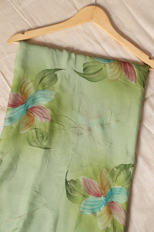 AIzaSyBcstauz-XMPRhEY21AUzeo032pxrXB5Ug - Beautiful Multicolor Floral Hand Painted With Foil Work On Olive Pure Organza Saree ( 5.5 Meters)