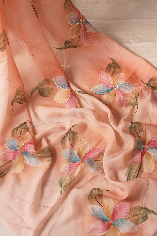 AIzaSyBcstauz-XMPRhEY21AUzeo032pxrXB5Ug - Beautiful Multicolor Floral Hand Painted With Foil Work On Peach Pure Organza Saree ( 5.5 Meters)