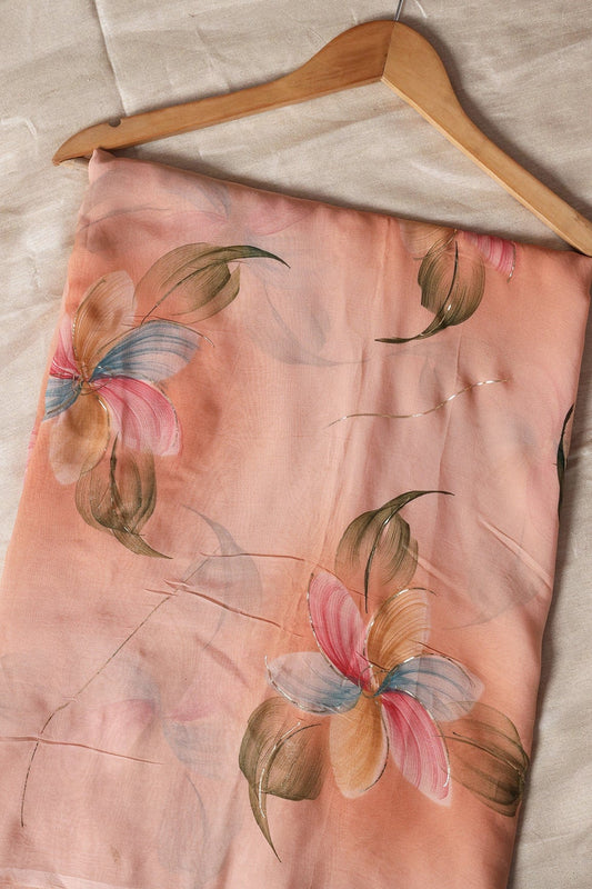AIzaSyBcstauz-XMPRhEY21AUzeo032pxrXB5Ug - Beautiful Multicolor Floral Hand Painted With Foil Work On Peach Pure Organza Saree ( 5.5 Meters)