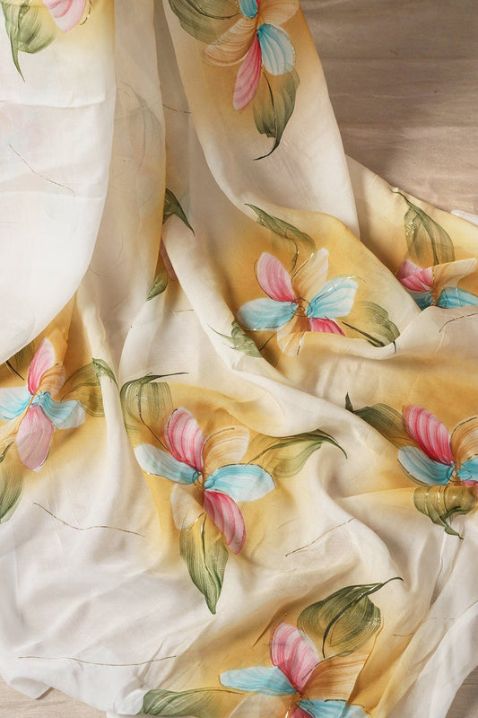AIzaSyBcstauz-XMPRhEY21AUzeo032pxrXB5Ug - Beautiful Multicolor Floral Hand Painted With Foil Work On White Pure Organza Saree ( 5.5 Meters)