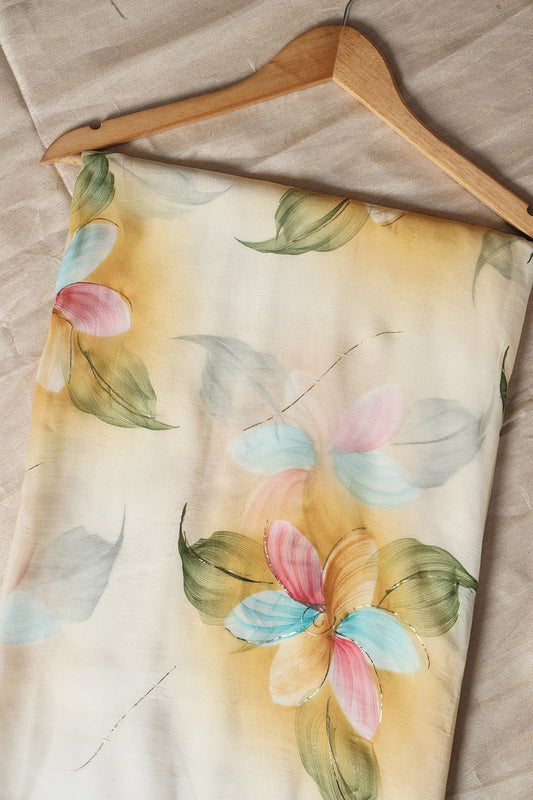 AIzaSyBcstauz-XMPRhEY21AUzeo032pxrXB5Ug - Beautiful Multicolor Floral Hand Painted With Foil Work On White Pure Organza Saree ( 5.5 Meters)