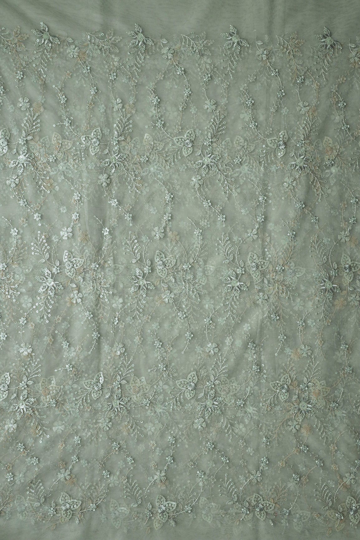 AIzaSyBcstauz-XMPRhEY21AUzeo032pxrXB5Ug - Beautiful Olive Thread With Sequins Floral Embroidery Work On Dusty Olive Soft Net Fabric