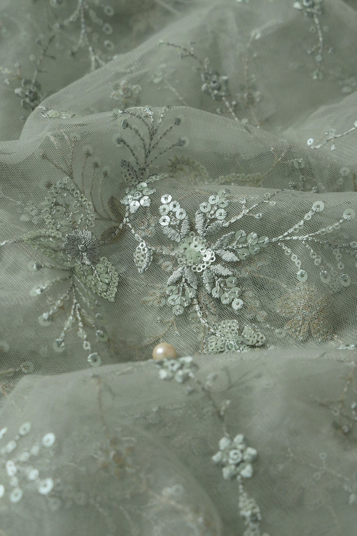 AIzaSyBcstauz-XMPRhEY21AUzeo032pxrXB5Ug - Beautiful Olive Thread With Sequins Floral Embroidery Work On Dusty Olive Soft Net Fabric